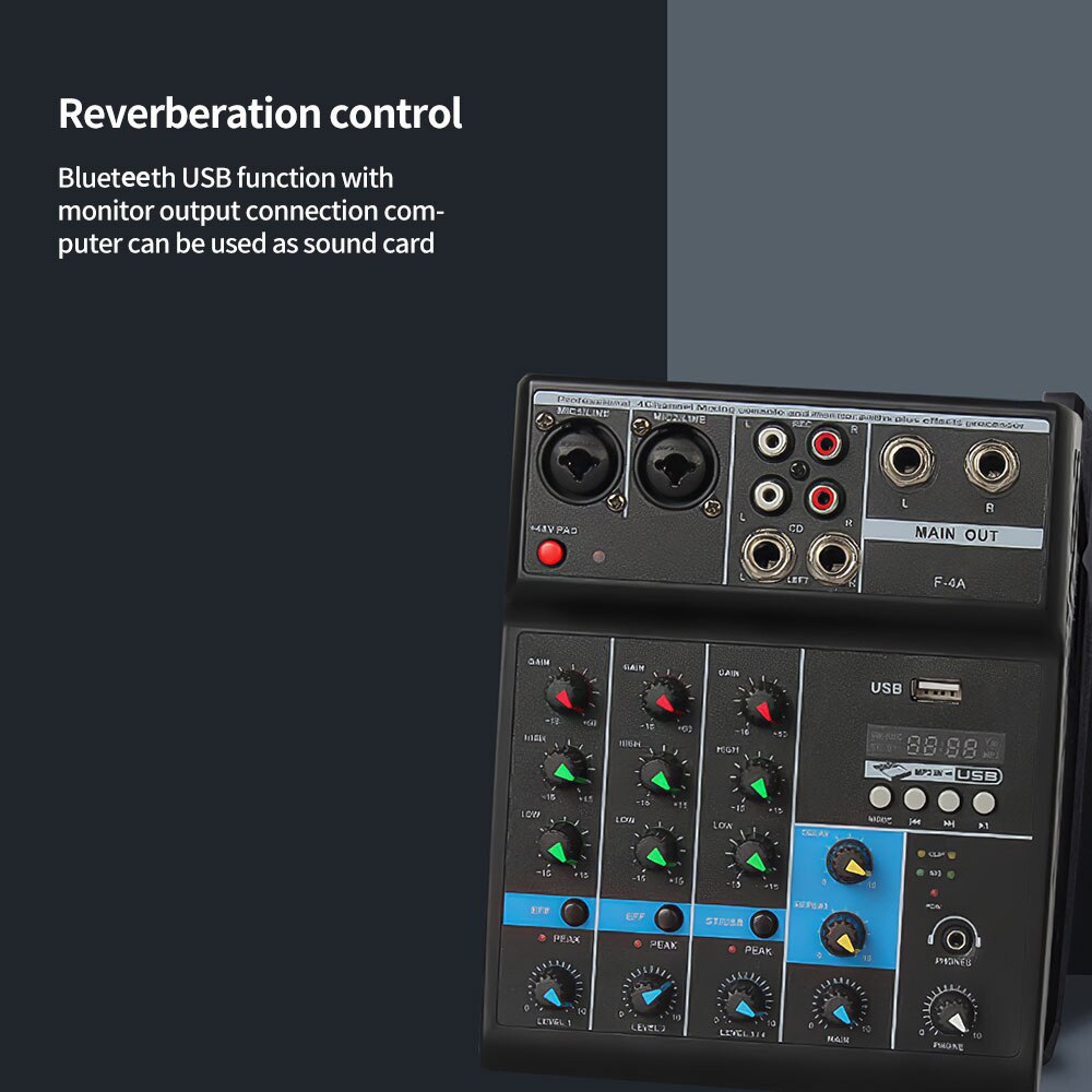 4-Channel Home Real-Time Recording Computer Sound Card USB Bluetooth Sound Console Audio Mixer Sound Board Controll