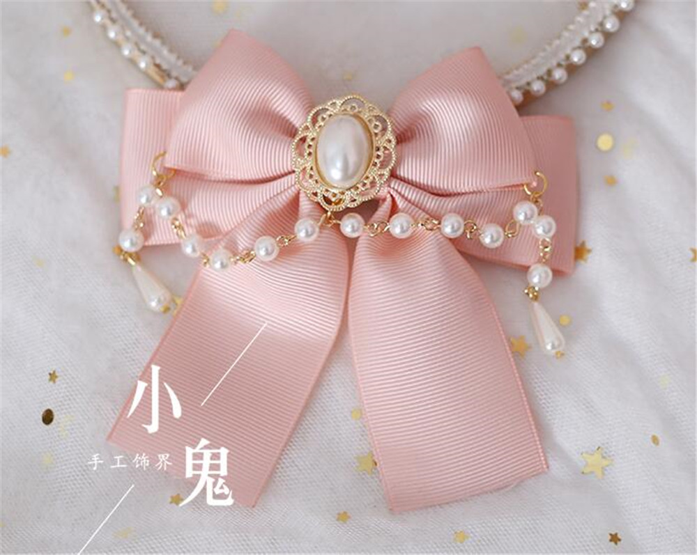 Lolita-épingle à cheveux en chaîne en perles pour femmes, accessoires pour cheveux, Cosplay, avec nœud papillon, Kawaii, accessoires pour cheveux, pince latérale B500: pink