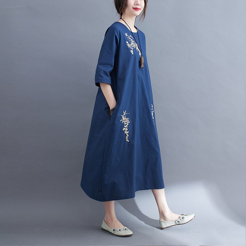 Abito tradizionale cinese donna lino in cotone sottile retrò manica corta ricamo floreale abiti lunghi abiti larghi codolo Cheongsam: Color3 / L