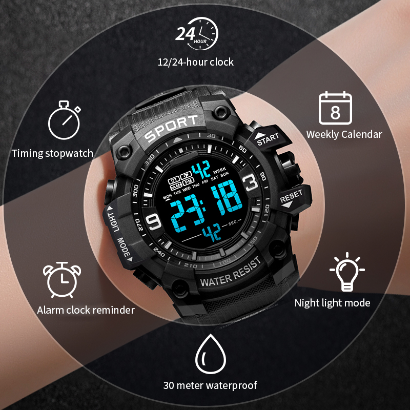 AANKOMST SPORTHORLOGES VOOR HEREN Buitensporten Waterdicht LED Elektronisch Horloge Rubber Student Digitale Multifunctionele