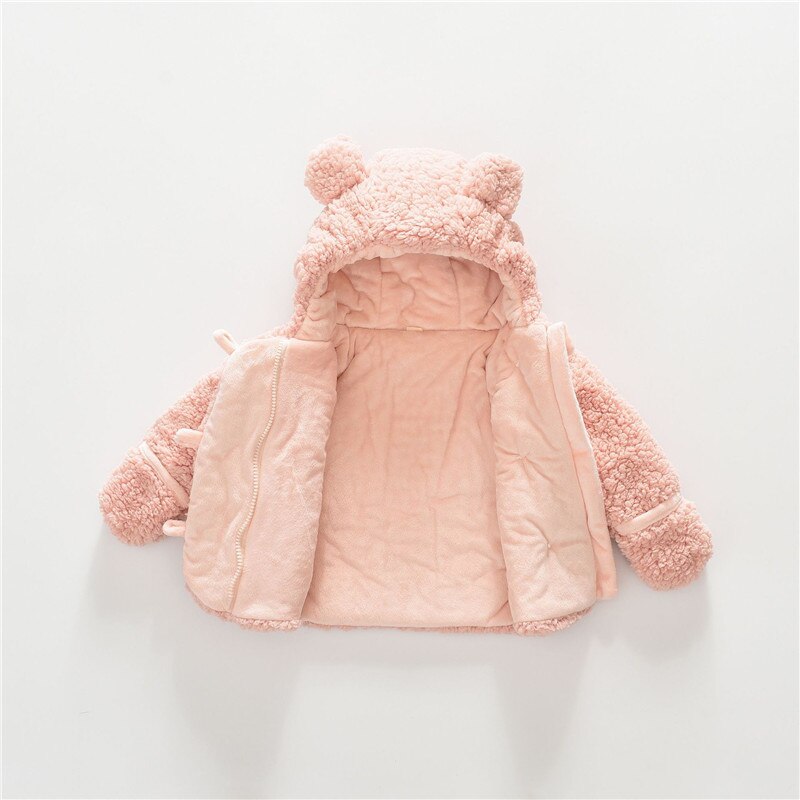 Cute Baby Girls Boys Wool Coats Ears Hooded Autumn Winter Clothes Infant Toddler Kids Warm Outfits Solid Brown Pink