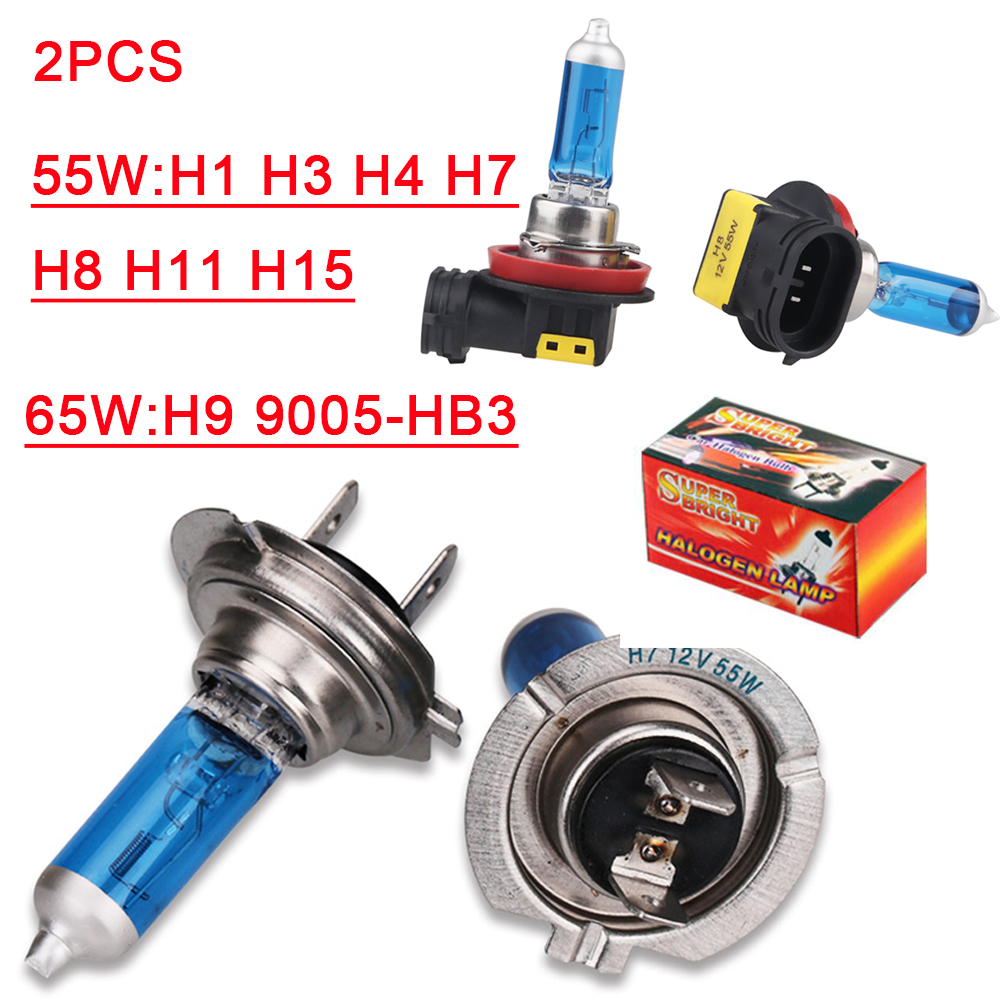 Bombilla halógena para coche, luces antiniebla, 55W, 12V, 6000K, faros blancos, 2 uds., luz superbrillante para coche H1 H3 H4 H7 H8 H9 H11 H15 9005 HB3