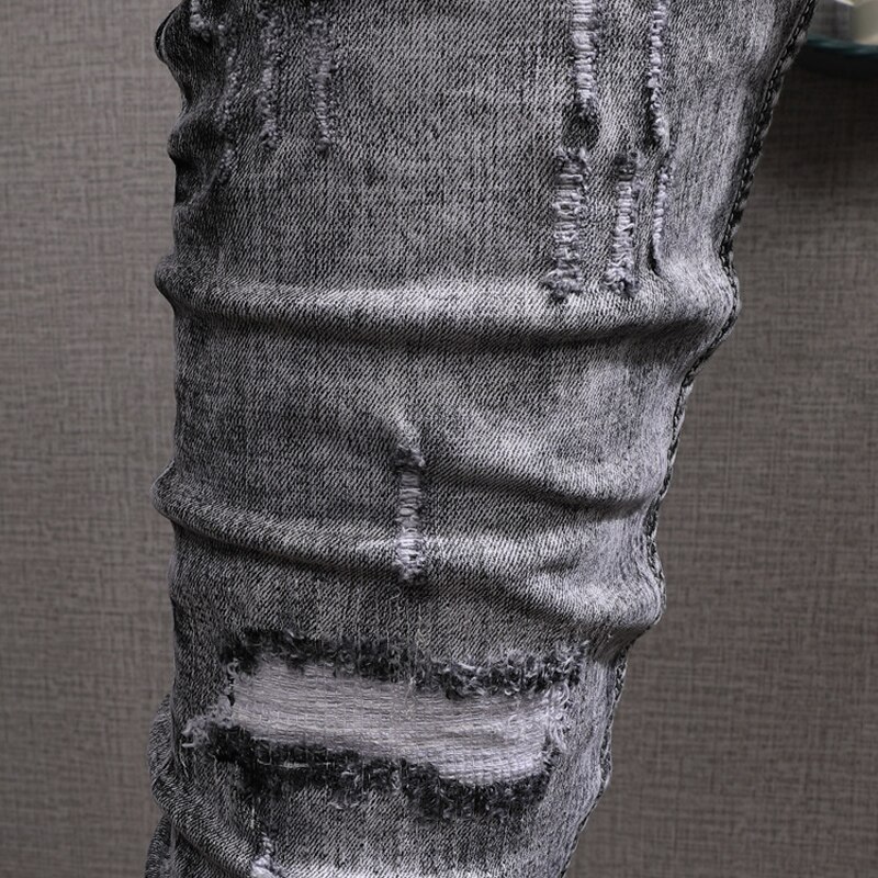 Streetwear hombres Jeans Retro gris lavado Slim Fit Ripped Jeans hombres Patchwork pantalones elásticos Vintage Jeans Homme