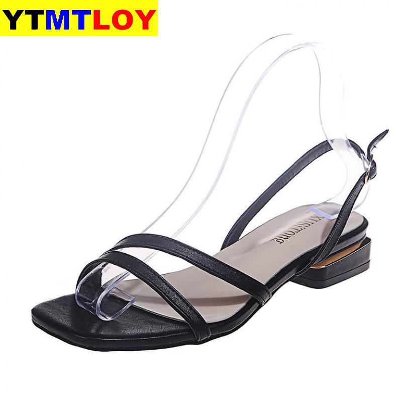 Sommar kvinnor sandaler dam fyrkantig tå häl rome rem skor kvinnlig casual mjuk strand gladiator ankel rem fyrkantig klack: Svart / 37