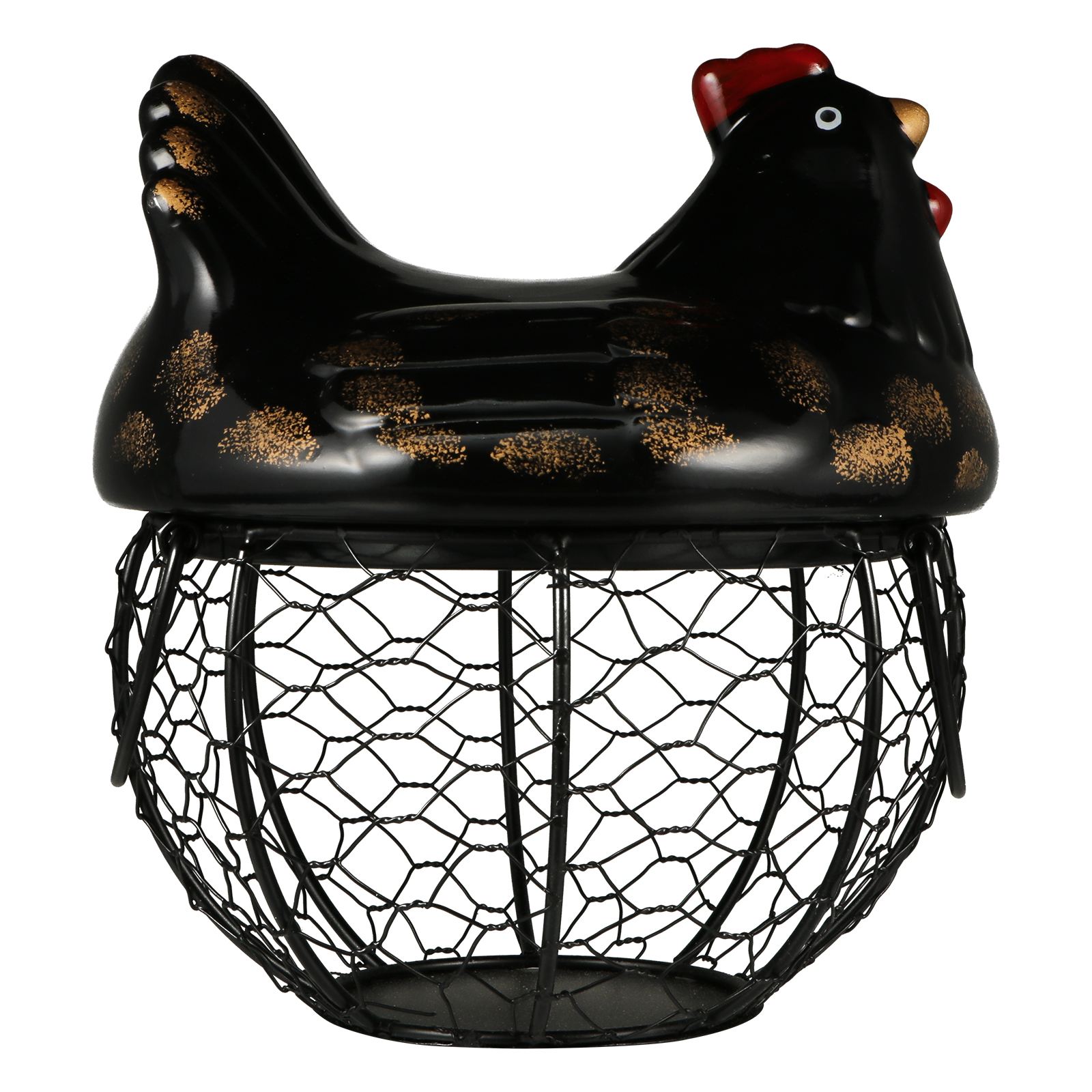 Chicken Shape Ceramic Chicken Shaped Lid with Round Wire Basket Base and Handles Egg Holder Home Storage Basket Holder: Black
