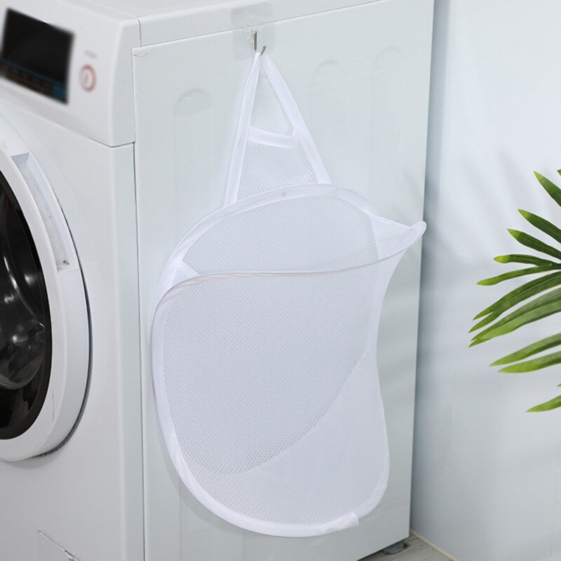 Small Hanging Laundry Net Laundry Hamper Kids Dirty Clothes Hanging Mesh Bathroom Storage Bag Clothes Organizer: white