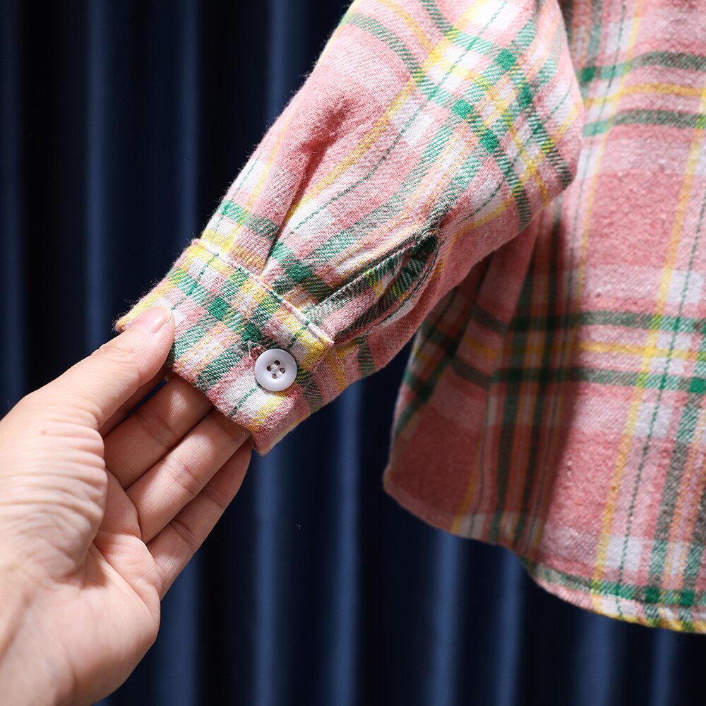 Camisas a cuadros para niñas, ropa cálida de algodón para niños, blusa informal clásica de manga larga con botones, color rosa y verde