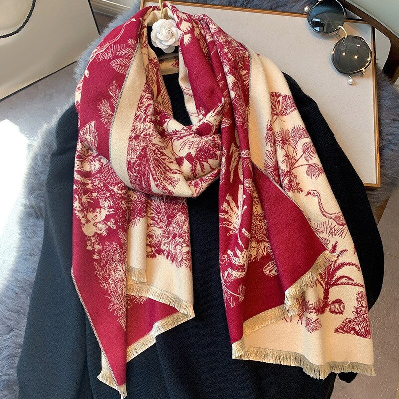 Kvinder vinter tørklæde print kashmir kvindelige tørklæder varme stoles pashmina sjaler og wraps tykt tæppe echarpe: 3 vin rød-beige