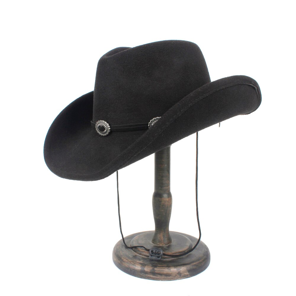 Wool Women Men Hollow Western Cowboy Hat Roll-up Brim Gentleman Outblack Sombrero Hombre Jazz Cap Wind Rope Size 56-58CM