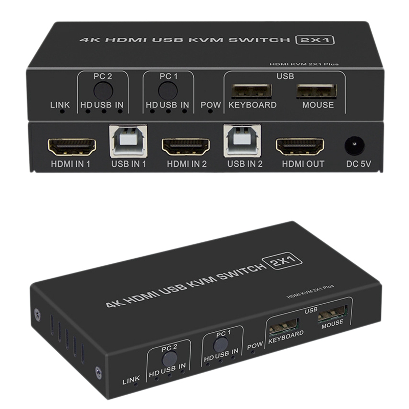 4K HDMI KVM Switch 2In 1Out USB HDMI1.4 KVM Switcher Splitter Support Remote Wake-Up for Keyboard Mouse Printer Monitor