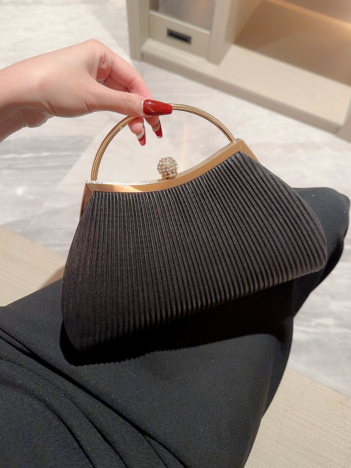 Sac de soirée à main brillant pour femmes, plissé classique, avec décoration en strass, sac de soirée, sac de fête, sac de bal dr: Black