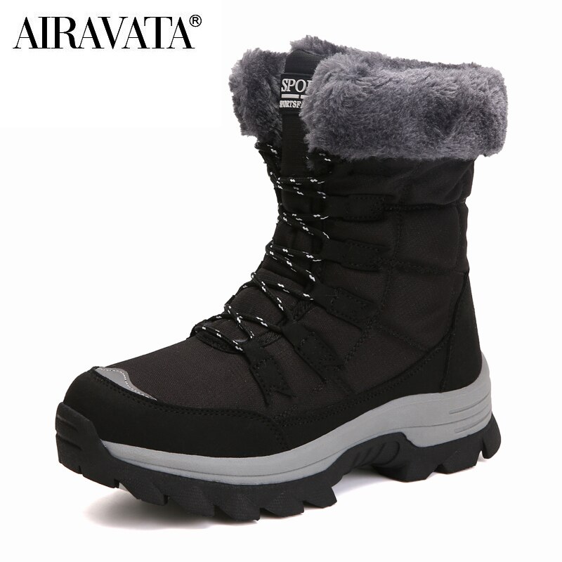 Bottes de neige imperméables pour femme, chaussures mi-mollet, chaudes et épaisses, à lacets, collection hiver: Black / 35