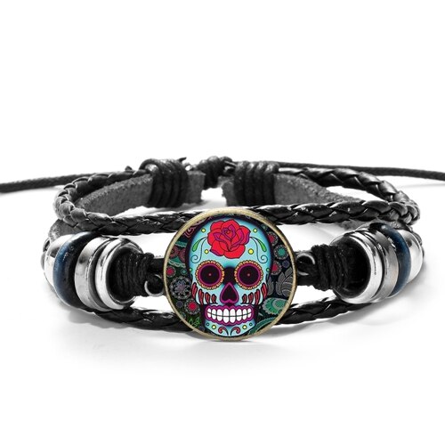 SIAN Sugar Skull Mexico Folk Art Patterns Bracelet Multilayer Braided PU Leather Bracelet Men Women Day of The Dead Special: Style 9