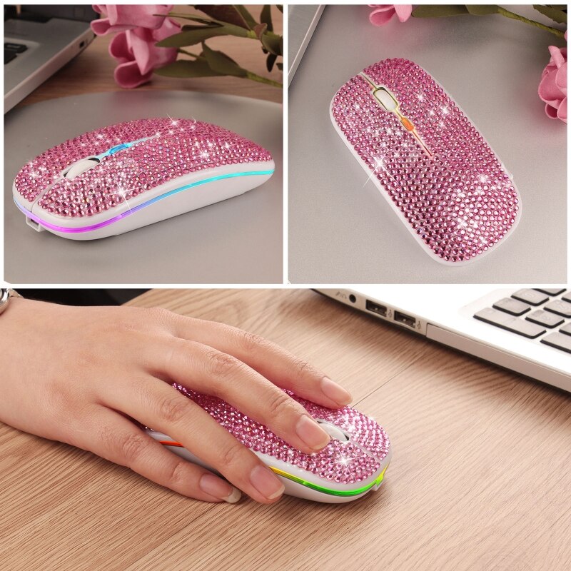 Rhinestone Crystal Wireless Dual Mode 2in1 Blue-tooth 5.0 + 2.4Ghz 1600DPI LED Mouse Optical for Notebook PC Laptop Computer