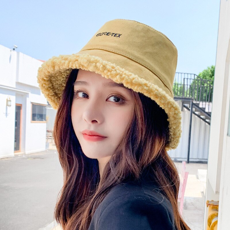 Gorro sombrero de pescador de lana oveja para mujer Otoño e Invierno estilo coreano salvaje pequeño arte fresco gorro de lavabo: Amarillo