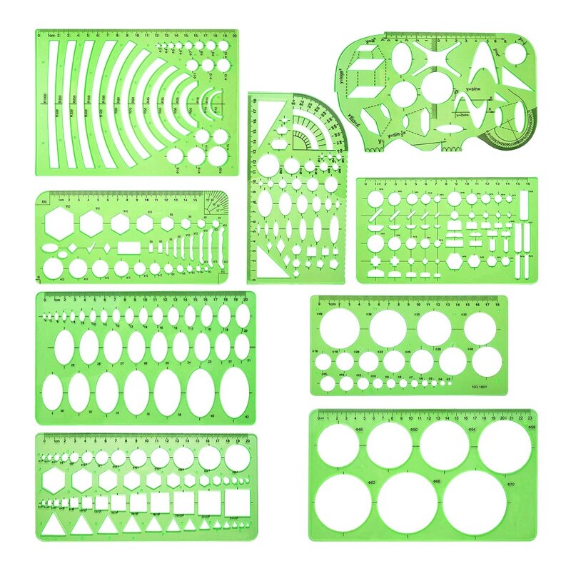 9 Pieces Drawings Templates Measuring Geometric Rulers Plastic Draft Rulers for School Office Supplies Clear Green: Default Title
