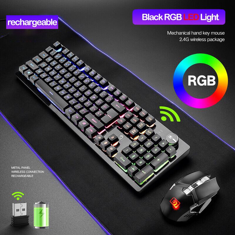 Recharging Wireless Keyboard Gaming Mechanical Feeling Keyboards RGB Backlit 2.4g Wireless Mouse 2400dpi Pc Gamer Keypad Punk: RGB black