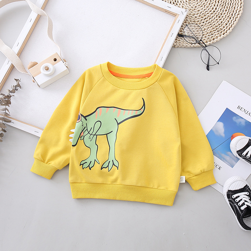 Tyrannosaurus Rex Sweatshirt Crew Neck Cartoon Children's Dinosaur Tops Boys Sweatshirt: Yellow / 120