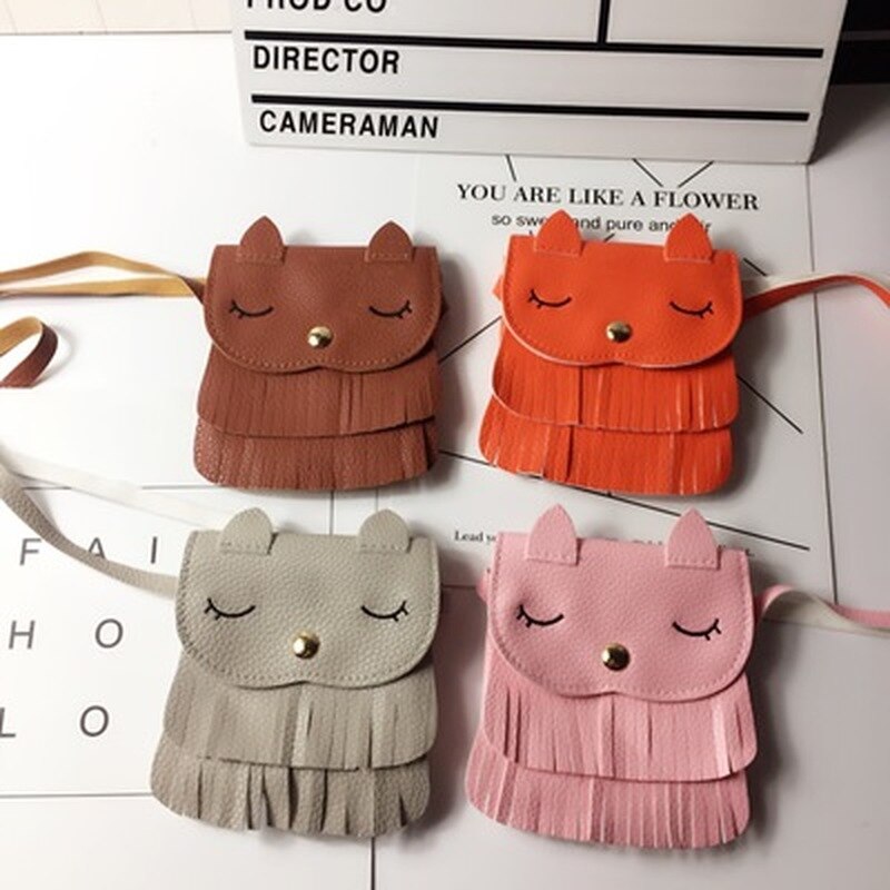 Cute Kids Purses and Handbags Coin Purses for Baby Girls Tassel Small Cat Shoulder Bag Mini PU Messenger Bag Wallet Women Bags