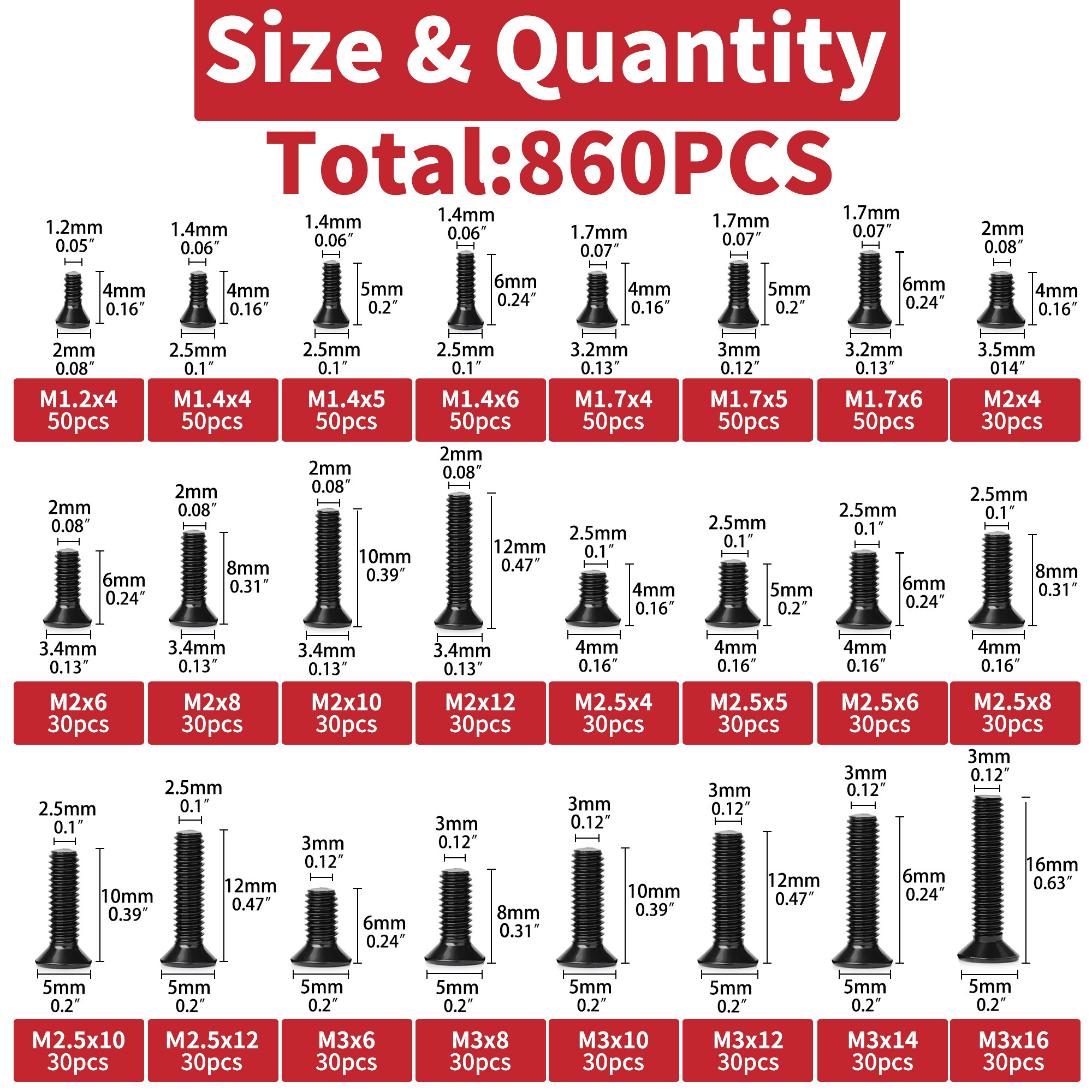 kit assortimento di viti per piccoli computer da 860 pezzi, viti per occhiali minuscoli nere M1.2 M1.4 M1.7 M2 M2.5 M3, discoteca rigido SSD per PC e computer portatile C