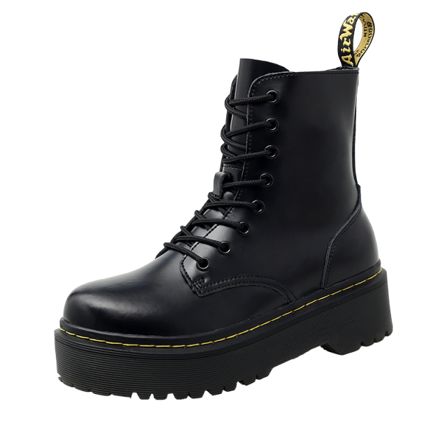 Botines blancos de piel auténtica para mujer, botas de plataforma planas, zapatos de piel para otoño e invierno, botas de cuero con cordones de punta redonda: Black crust / 40