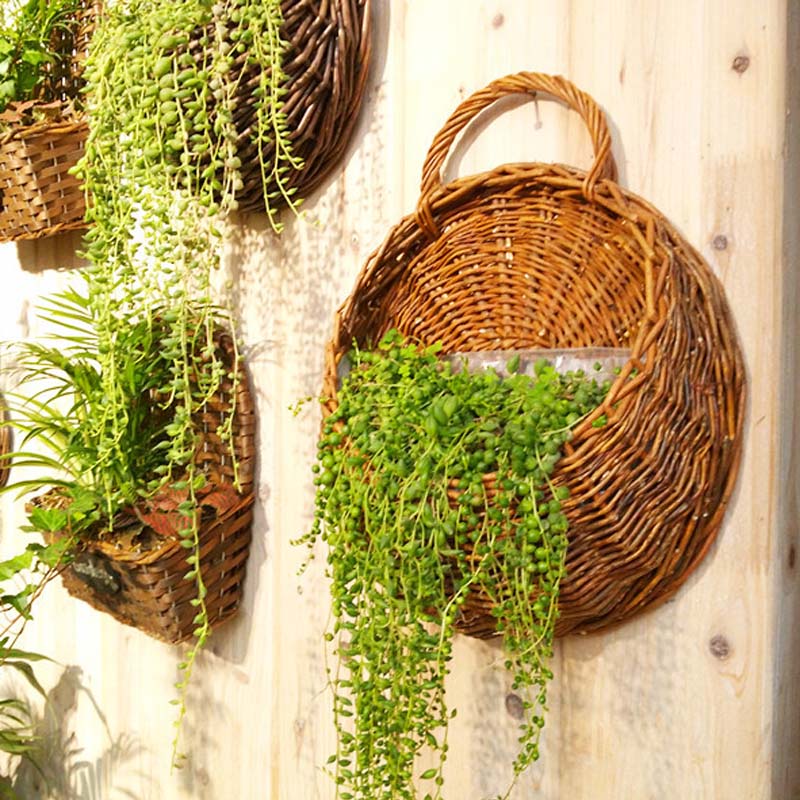 Håndlavet flettet rattan blomsterkrukke vægophæng flettet rattan kurv haveplanteholder havekrukker vægplante