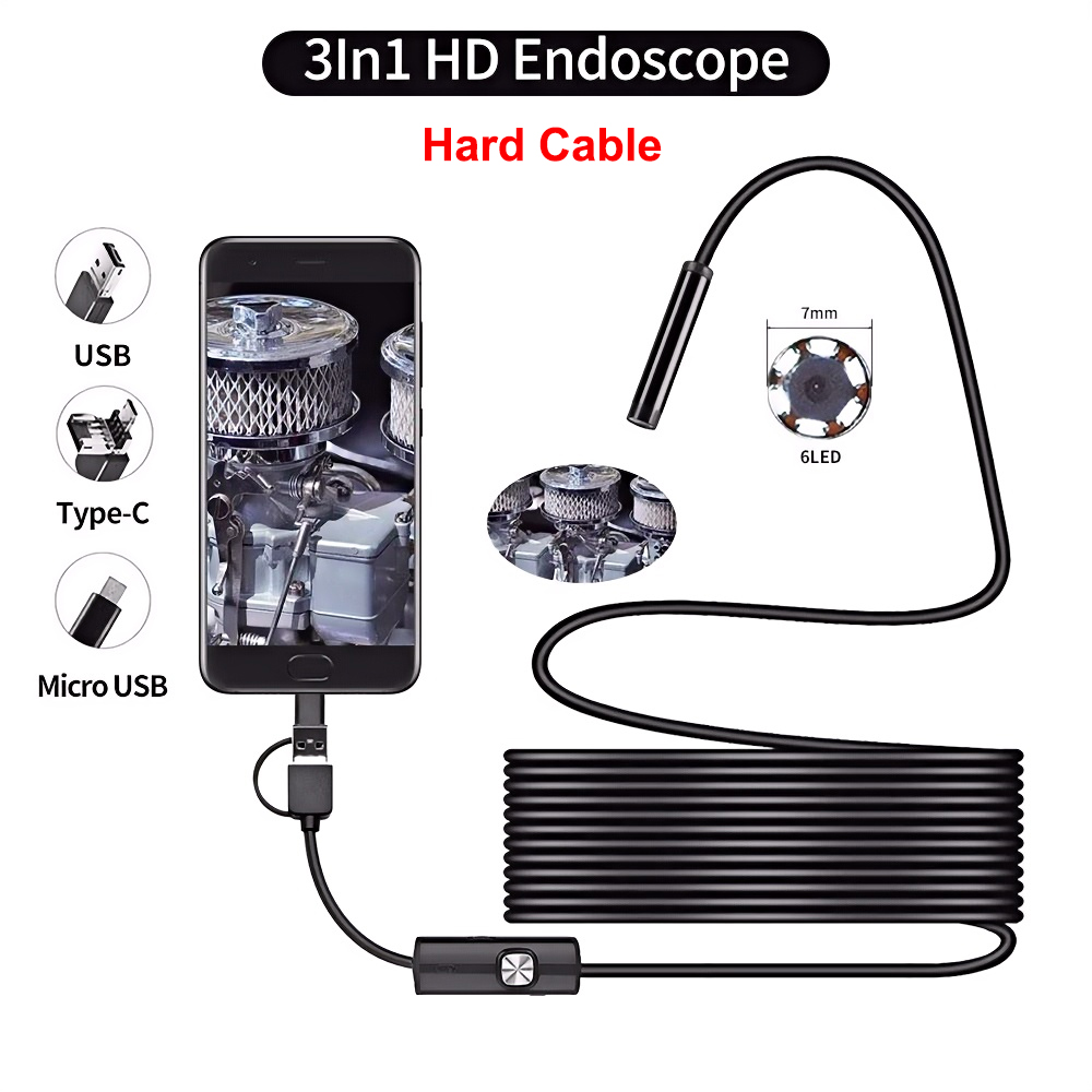 Practical 7MM Android Endoscope 3 in 1 USB/Micro USB/Type-C Borescope Inspection Camera IP67 Waterproof for Smartphone Computers: Red / 2m