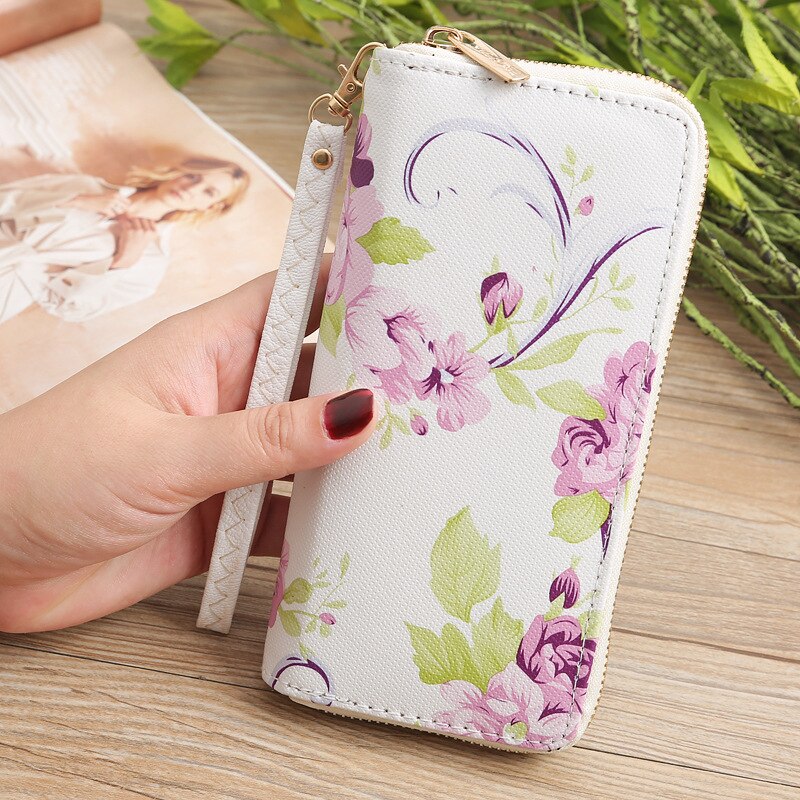 Women's Rose Print Wallet Long Handbag Wild Zipper Clutch Bag Multi-card Wallet Purse Card Holder cartera: Purple