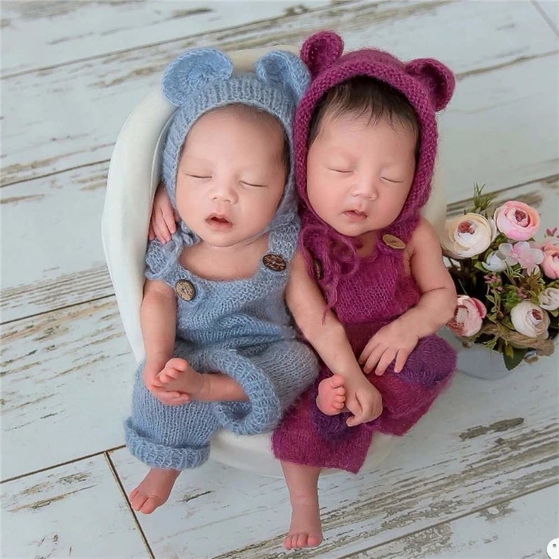 Pasgeboren Baby Fotografie Props Jongen Meisje Outfits Schattige Beer Hoed En Overalls Set Zachte Mohair Bebe Foto Kleding Jumsuit