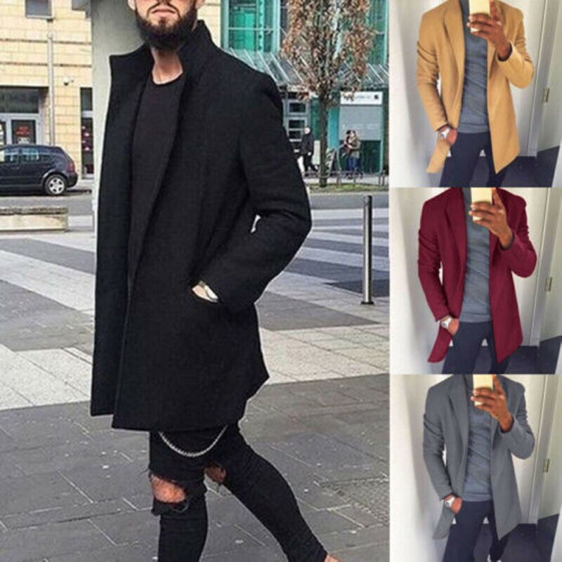 Efterår vinter mænd fritidsfrakke tyk ulden trenchcoat business mandlig solid klassisk overfrakke mellemlange jakker toppe