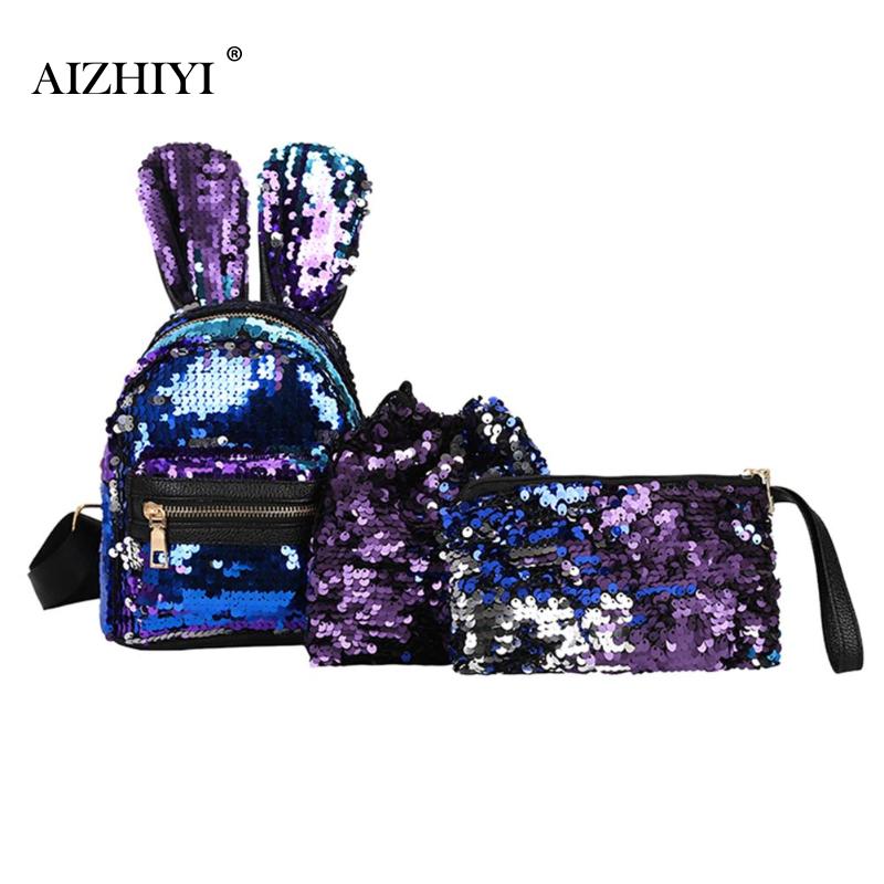 3 pièces/ensemble femmes oreilles de lapin paillettes Mini sac à dos paillettes sacs pour filles adolescente épaule école sac à dos jour embrayage: Bleu