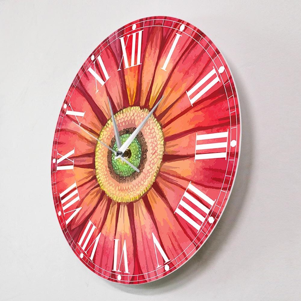 Red Watercolour Gerbera Daisy Paints Large Wall Clock Watch Sunflower Floral Pattern Horologe Living Room Decoration Mute Clocks