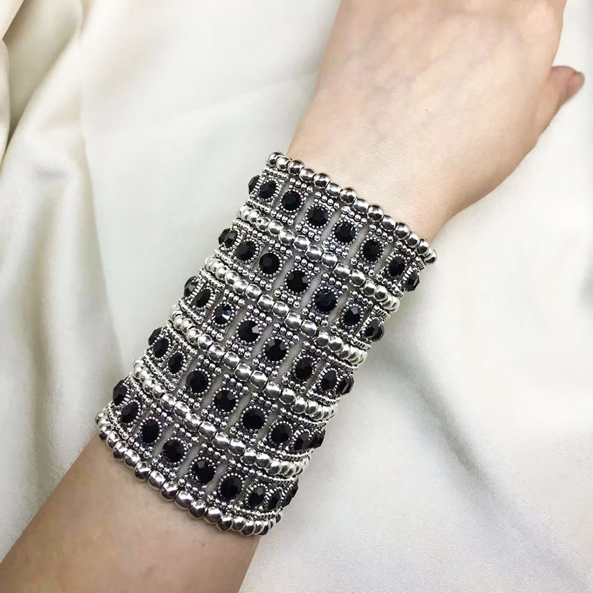 Bracciali larghi elastici di moda classica Retro Punk esagerato decorazione a mano con perline intrecciate retrattili in cristallo a cinque file: VERMEIL