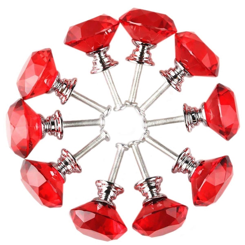 Big Red 10Pcs 30mm Crystal Glass Cabinet Knobs Diamond Shape Drawer Kitchen Cabinets Dresser Cupboard Wardrobe Pulls Handle
