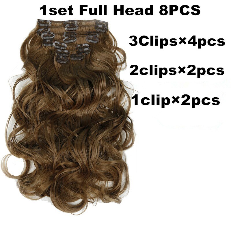 Feibin Clip en extensiones de cabello, peluca de pelo largo sintético ondulado 22 pulgadas 55cm, resistente al calor