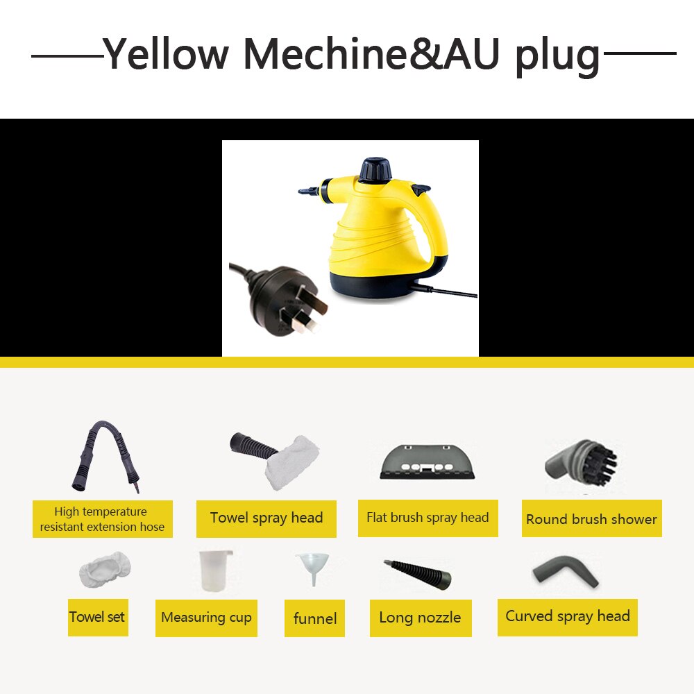 Handheld Steam Cleaner Multi-Purpose Pressurized Portable Steamer with 9-Piece Accessory Set for Bathroom Kitchen Surfaces Car: Yellow With AU Plug / 220V-230V