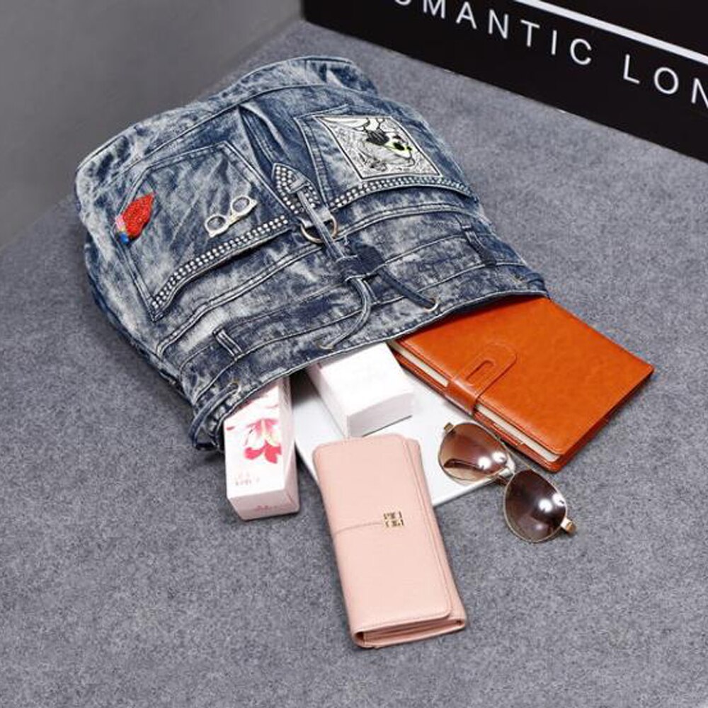 Neue Koreanische Denim Tasche Denim Diamant lässig Rucksack Straße Persönlichkeit Trend Damen Einfarbig Kordelzug Rucksäcke