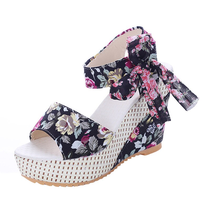 Dames zomer sandalen met sleehak dames sandalen plateau veter riem strik slippers open teen hoge hakken dames schoenen vrouwelijk: Zwarte bloemen / 5