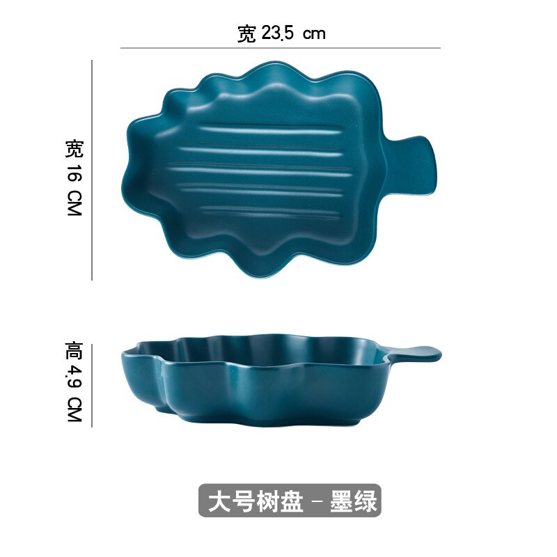 Baking Large Baked Rice Baking Plate Salad Bowl Dim Sum Baking Bowl Stripe Christmas Leaf Plate Ceramic Tableware: Blackish Green
