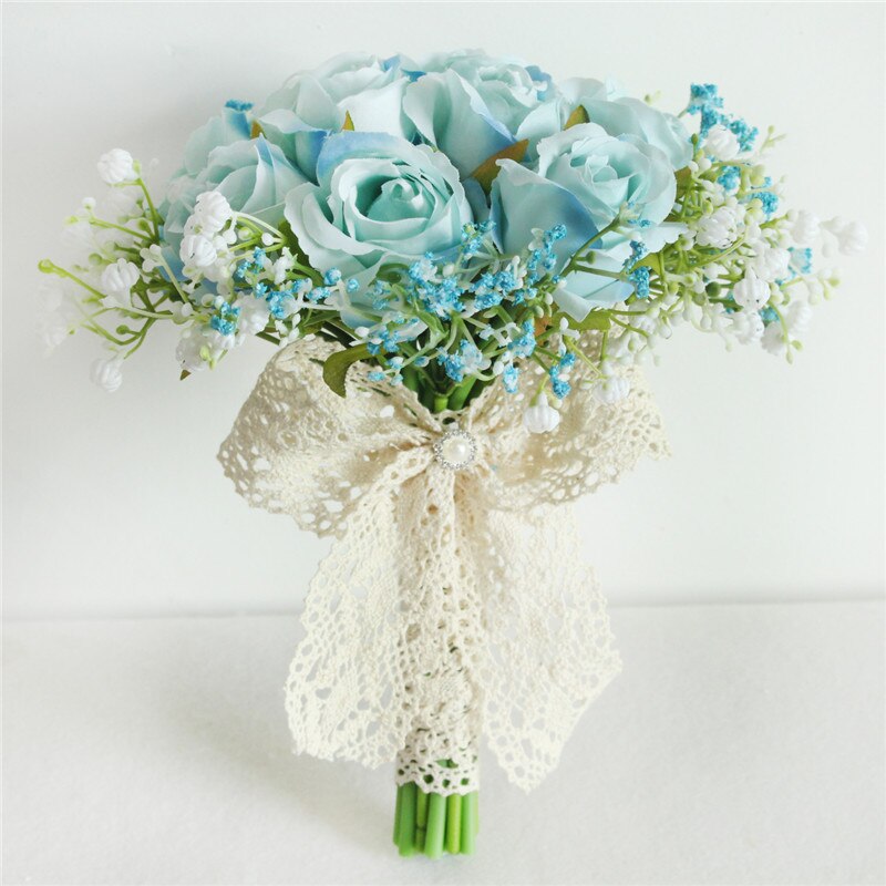 Bouquet de mariage mariée porte-main soie artificielle babyssouffle Rose fleurs dentelle petit Bouquet demoiselles d'honneur mariage décor Flores: Blue