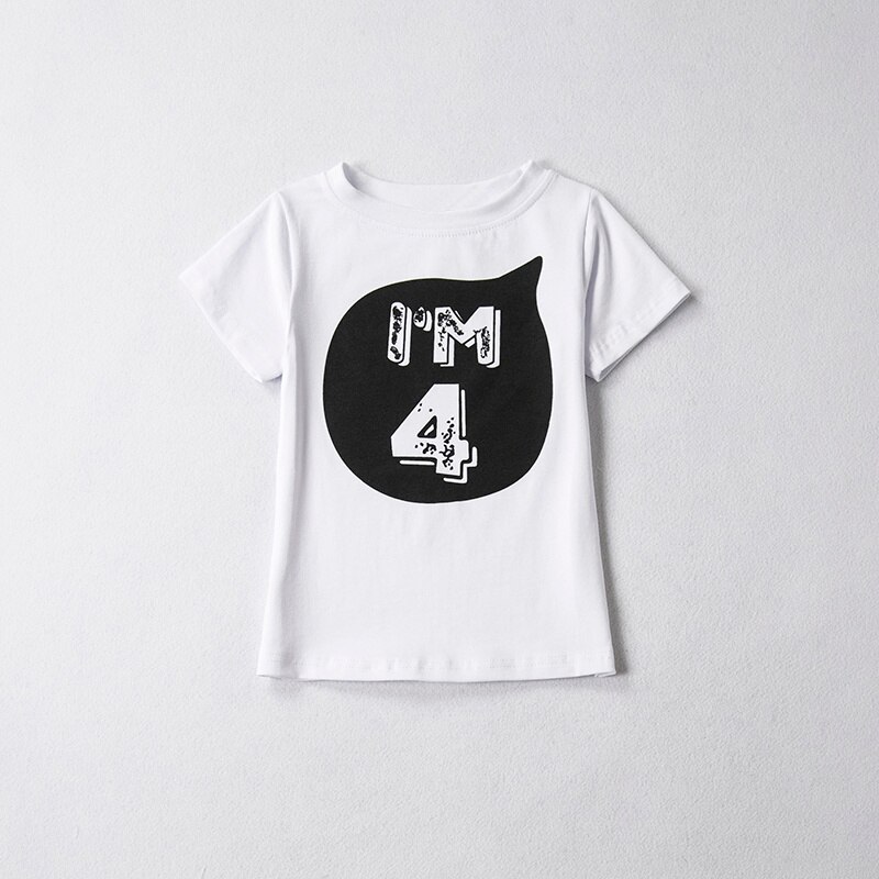 Unisex sommer t-shirt pige bomuld brev toppe baby pige tøj 1 2 4 år fødselsdag toddler dreng skjorter fest slid tøj: Hvid 4
