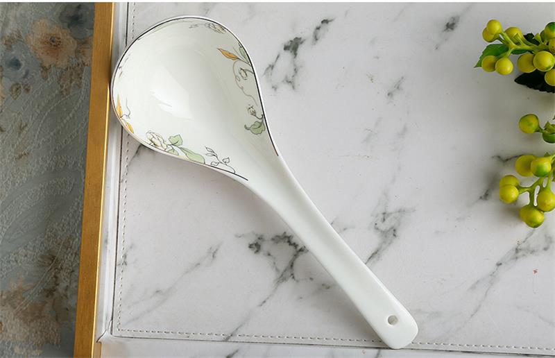 Cuchara de cerámica china para sopa, cucharón de cerámica natural para cocinar, utensilios para servir, buffet, pintura de hojas verdes