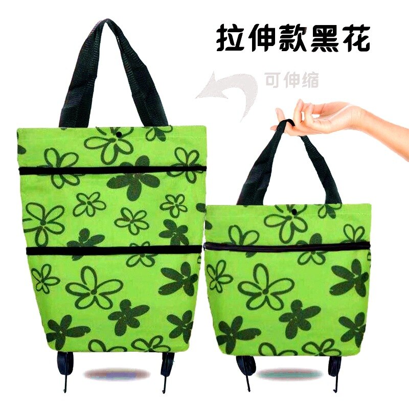 12 Stijlen Mode Zakken Opvouwbare Boodschappentas Met 2 Wielen Draagbare Winkelwagen Trolley Kruidenier Bagagedrager Winkelwagen Tas: Green Flower