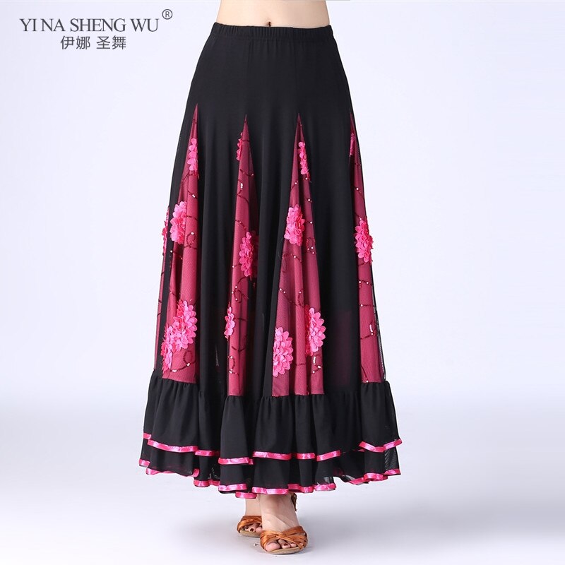 Falda larga de práctica de danza del vientre para mujer, falda grande de 9 colores, falda de baile, falda gitana, vestido de baile para mujer, falda española larga: Rose