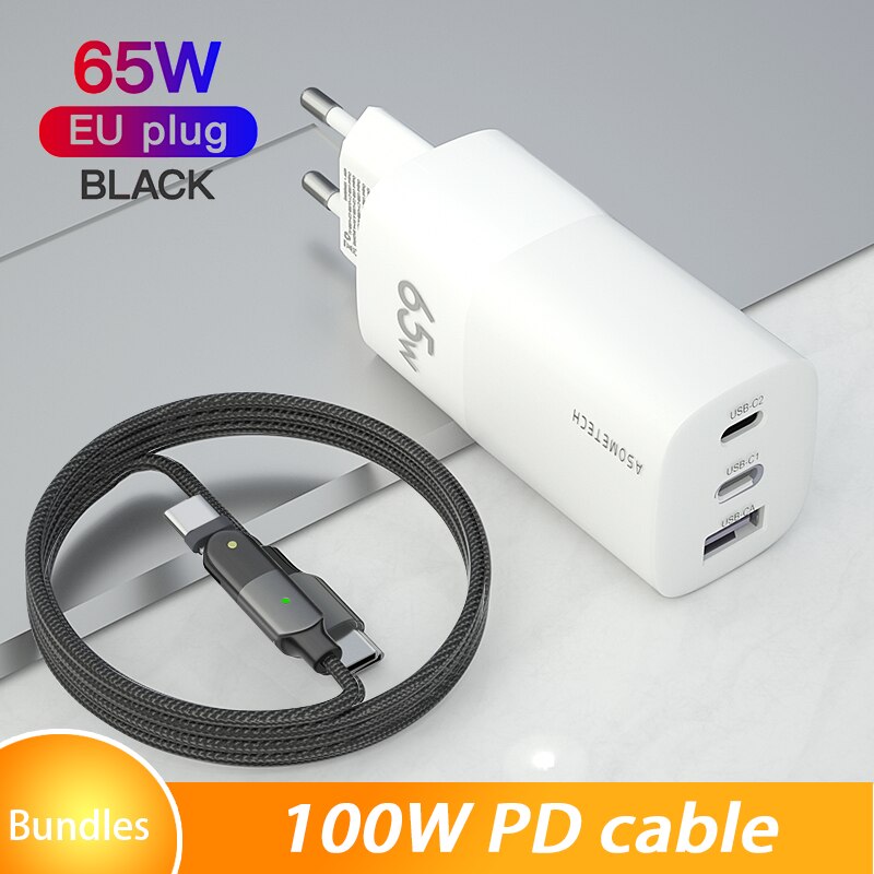 Gan 65w carregador rápido qc3.0 tipo c pd parede de carregamento dupla carga usb carregador rápido adaptador para iphone 11 xiaomi portátil huawei: EU White with cable