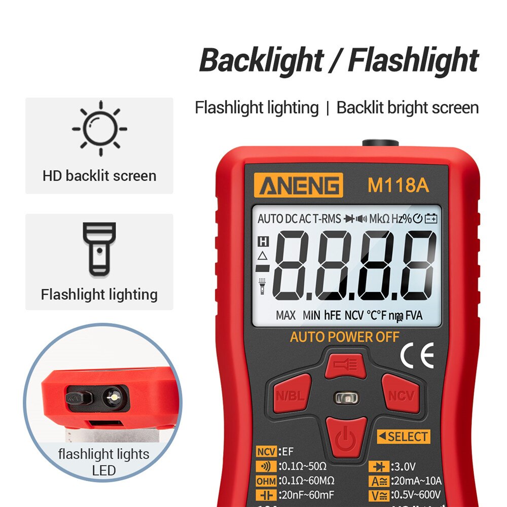 Digital Multimeter Multi Meter 6000 Counts Auto Ranging AC/DC Voltage Meter Flash Light Back Light Large Screen