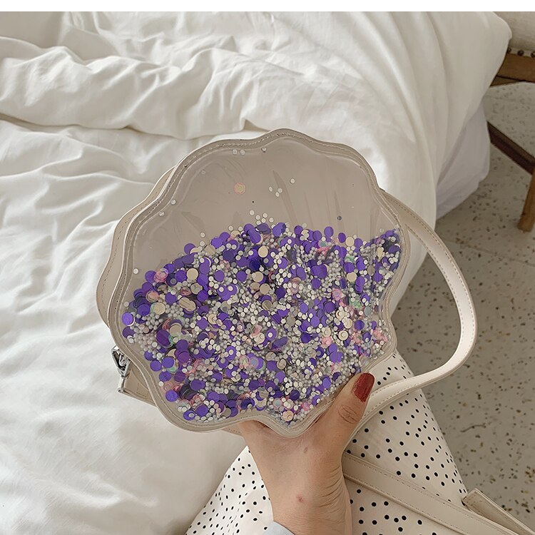 Vloeiende pailletten schelpvorm casual meisjes schoudertas tote crossbody tas dames buidel handtas dagelijkse clutch tas: Wit