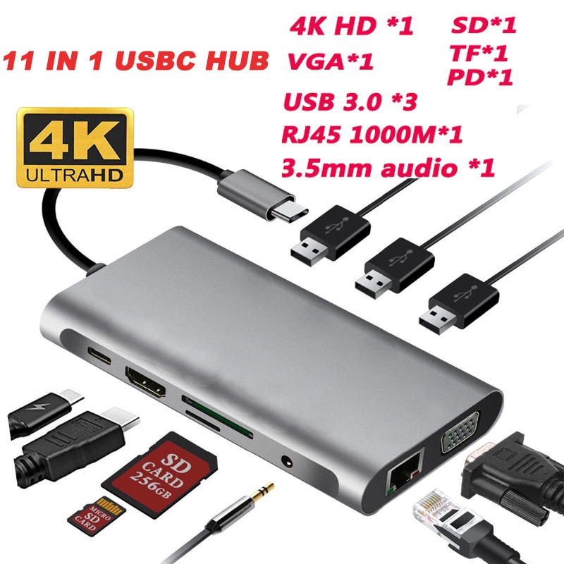 Usb hub docking station type c adapter usb 3.0 4k hdmi-kompatibel vga  rj45 10 in 1 converter til macbook pro thunderbolt 3