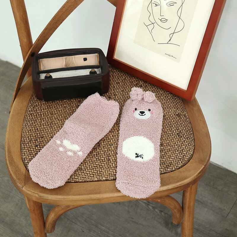 Winter Soft Brushed Thick Cute Cartoon Animal Bear Ears Warm Ladies Floor Sock Coral Half Velvet Women's Socks
