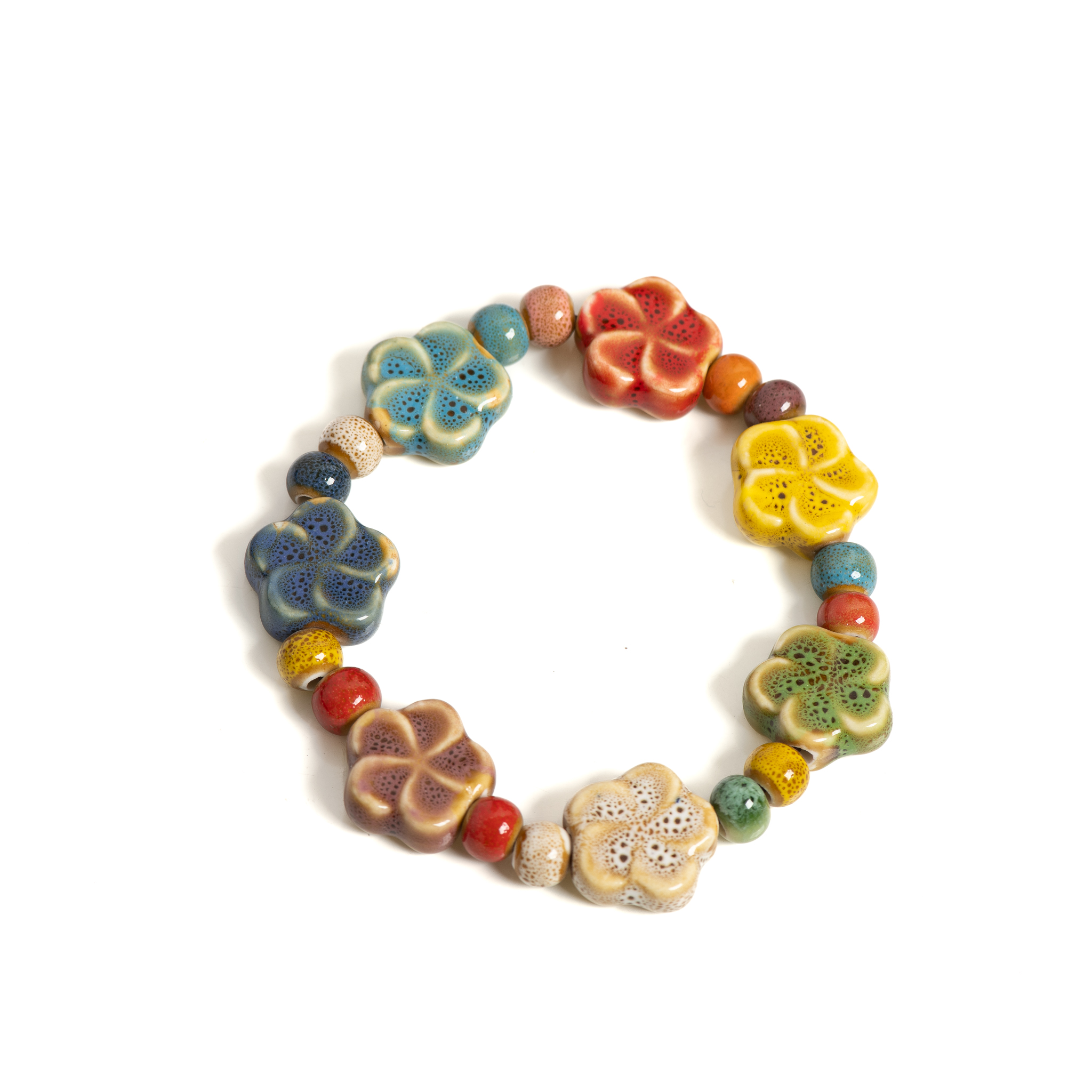 Pulsera de cuentas de cerámica floral colorida hecha a mano, joyería Bohemia elástica ajustable, pulsera elástica para mujeres y adolescentes S 001185: Multicolor